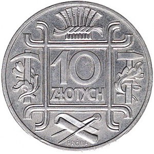 10 złotych 1938, Klamry, wypukły napis PRÓBA, Parchimow...