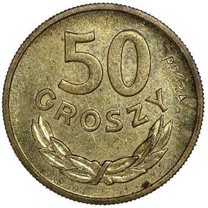 50 groszy 1957, na rewersie wklęsły napis PRÓBA, Parchi...