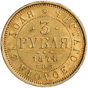 3 ruble 1874, Petersburg, Uzdenikow 0264, Fr. 147, złot...