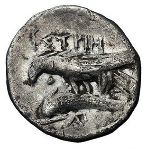 MEZJA- Istros, drachma IV w. pne, Aw: Głowy dwóch młodz...