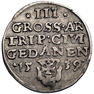 trojak 1539, Gdańsk, odmiana z napisem PRVS i w koronie...