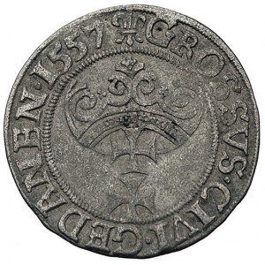 grosz 1557, Gdańsk, późniejszy typ z dużą głową króla i...