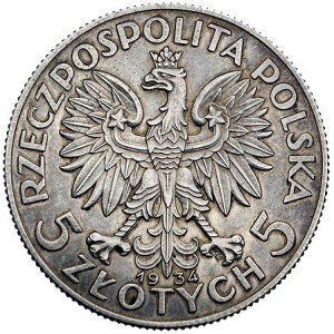 5 złotych 1934, Głowa kobiety, wklęsły napis PRÓBA, nie...