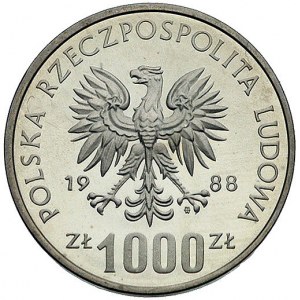 1000 złotych 1988, Jadwiga, wypukły napis PRÓBA, Parchi...