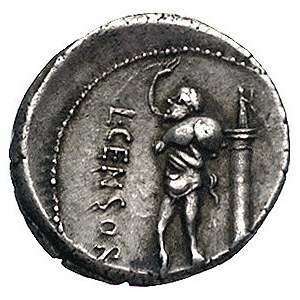 L. Censorinus 82 pne, denar, Aw: Głowa Apollina w prawo...