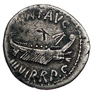 Marek Antoniusz 32-30 pne, denar legionowy, Aw: Galera ...