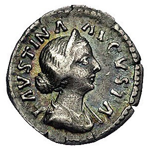 denar 156-175, Aw: Popiersie w prawo i napis FAVSTINA A...
