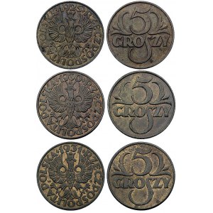 zestaw monet 5 groszy 1925, 1930 i 1931, Warszawa, Parc...