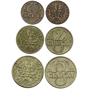 zestaw monet 5 groszy, 2 grosze i 1 grosz 1923, Warszaw...