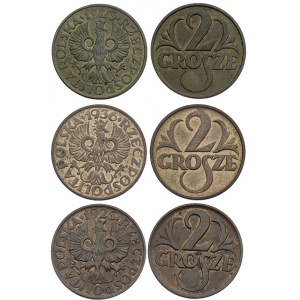 zestaw monet 2 grosze 1923, 1925 i 1936, Warszawa, Parc...