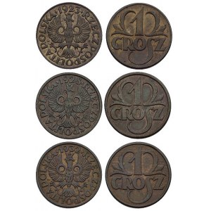 zestaw monet 1 grosz 1923, 1928 i 1932, Warszawa, Parch...
