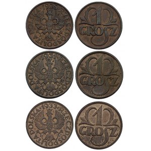 zestaw monet 1 grosz 1925, 1931 i 1933, Warszawa, Parch...