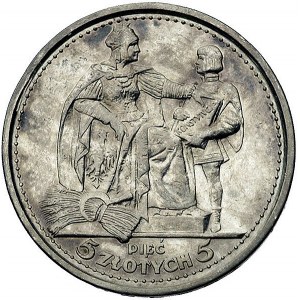 5 złotych 1925, Konstytucja na rewersie 100 perełek, Pa...