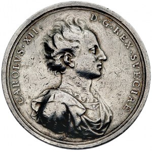 Karol XII- medal na zdobycie Torunia 1703 r., Aw: Popie...