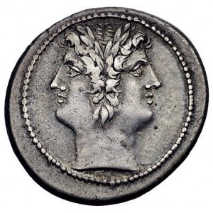 didrachma lub quadrigatus, Aw: Głowa Janusa w wieńcu, R...
