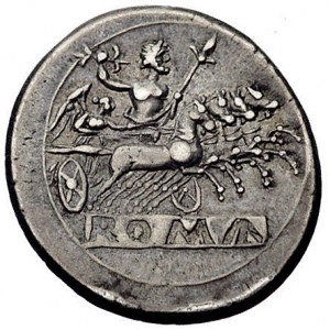 didrachma lub quadrigatus, Aw: Głowa Janusa w wieńcu, R...