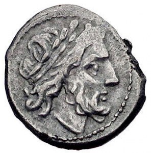 victoriatus 210 -208 pne, Aw: Głowa Jupitera w prawo, R...