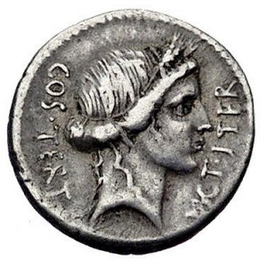 Juliusz Cezar 47-44 pne, denar, Aw: Głowa Ceres w prawo...