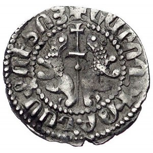 Lewon I 1198-1219, tram, Aw: Król na tronie z krzyżem i...