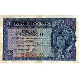 5 złotych 15.08.1939, seria B4, Miłczak 81, Pick 81a, j...