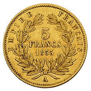 5 franków 1855 A, Paryż, Fr. 578, złoto, 1.60 g, rzadki...