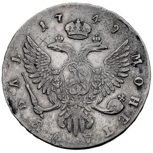 rubel 1749, Moskwa, Aw: Popiersie i napis wokoło, Rw: D...