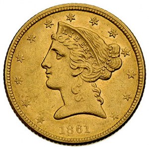 5 dolarów 1861, Filadelfia, Fr. 138, złoto, 8.34 g