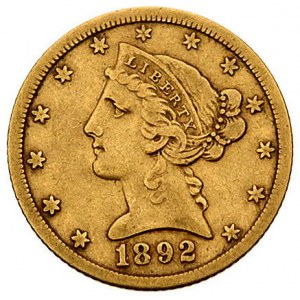 5 dolarów 1892, Carson City, Fr. 146, złoto, 8.24 g, rz...