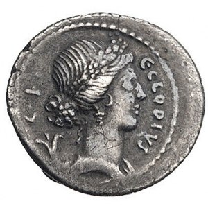 C. Clodius C. f. Vestalis około 41 r. pne, denar, Aw: P...
