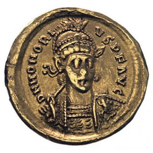 Honoriusz 393-423, solid- Aw: Popiersie cesarza w zbroi...
