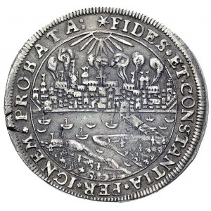 talar oblężniczy 1629, Toruń, Aw: Widok płonącego miast...