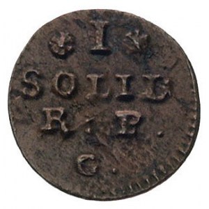 szeląg 1768, Kraków, duży monogram królewski, Plage 7