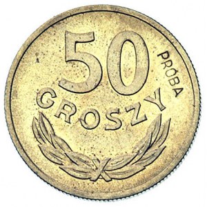 50 groszy 1957, na rewersie wklęsły napis PRÓBA, Parchi...