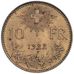 10 franków 1922 B, Berno, Fr. 504, złoto 3.22 g