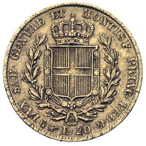 20 lirów 1834, Turyn, (głowa orła), Fr. 1142, złoto 6.4...