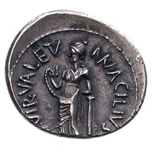 Man. Acilius Glabrio 49 pne, denar, Aw: Głowa Salus w w...