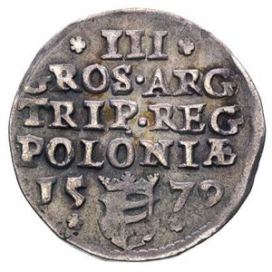 trojak 1579, Olkusz, popiersie króla przedzielające u g...