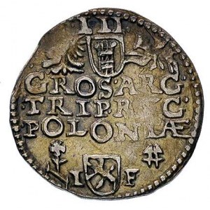 trojak 1595, Wschowa, data za głową króla i mały znak d...