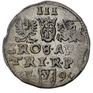 trojak 1599, Wschowa, litera F z lewej strony herbu Lew...