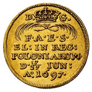 dukat koronacyjny 1697 Drezno, Aw: Król na koniu, Rw: N...