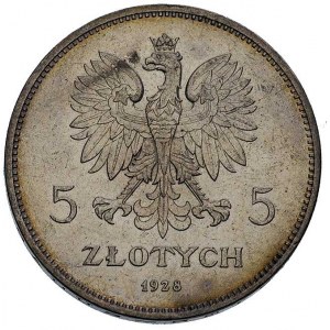 5 złotych 1928, Bruksela, Nike, Parchimowicz 114 b, ład...
