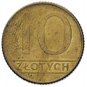 10 złotych 1989, na rewersie wypukły napis PRÓBA, mosią...