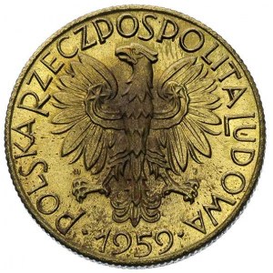 5 złotych, 1959, na rewersie wypukły napis PRÓBA, mosią...