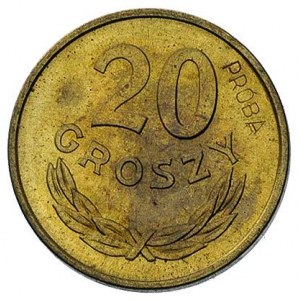 20 groszy, 1949, na rewersie wklęsły napis PRÓBA, mosią...