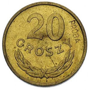 20 groszy, 1957, na rewersie wklęsły napis PRÓBA, mosią...