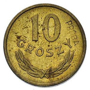 10 groszy, 1949, na rewersie wklęsły napis PRÓBA, mosią...