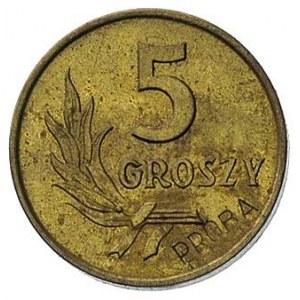 5 groszy, 1958, na rewersie wklęsły napis PRÓBA, mosiąd...