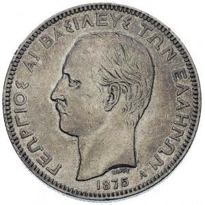 Jerzy I 1863-1913, 5 drachm 1875, Paryż, Aw: Popiersie ...