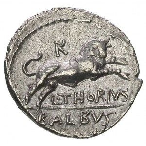 L Thorius Balbus 105 pne, denar, Aw: Głowa Junony z Lan...