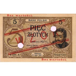 5 złotych 15.07.1924, II EM. A, WZÓR, dwukrotnie perfor...